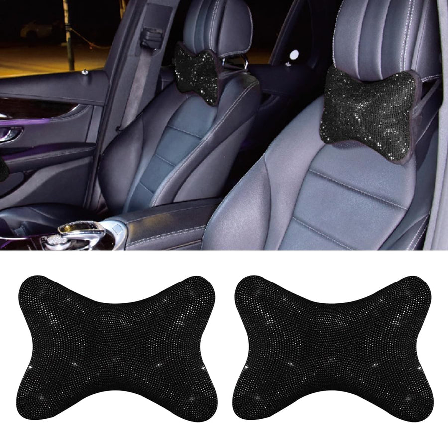 2PCS Car Neck Pillow for Driving Seat, Bling Crystal Rhinestone Diamond Comfortable Headrest Cushion, Head Rest Neck Support Relax, Car Interior Accessories for Women Girly (Black)