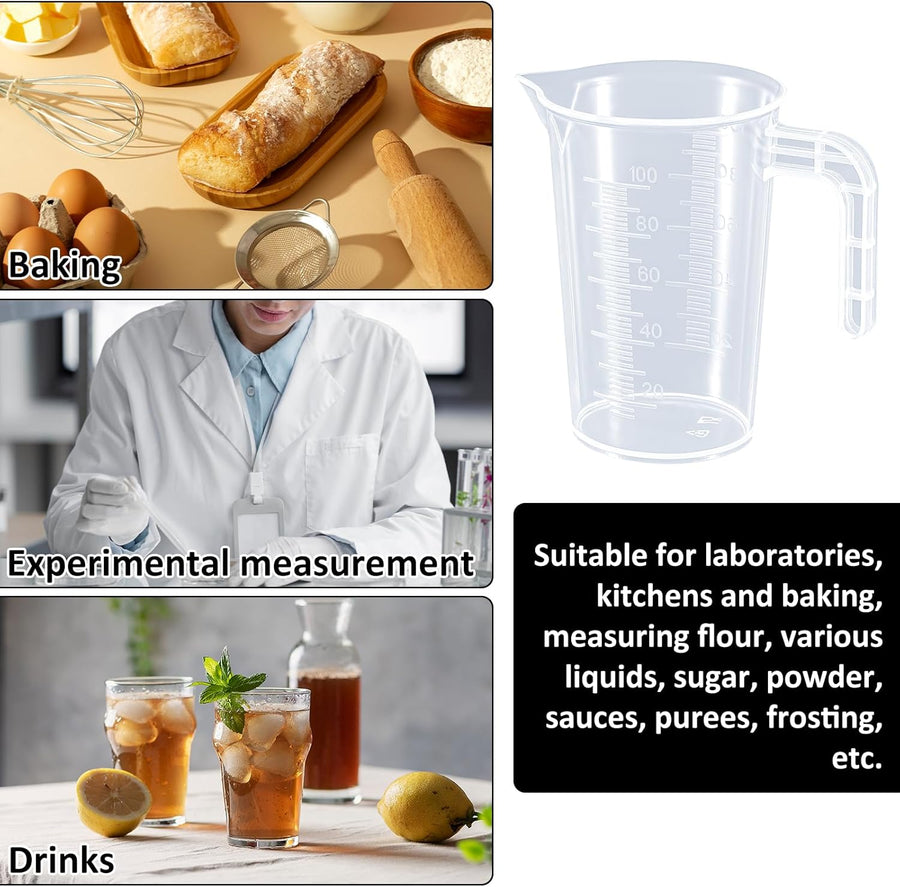 Plastic Measuring Beaker, 4 Pcs Liquid Measuring Cups, 100 ml Unbreakable Graduated Beakers with Handle and Spout, Transparent Clear Precise Markings for Kitchen Baking Lab Restaurant Use