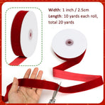 Red Velvet Ribbon, 1 Inch x 20 Yards Single Faced Red Ribbon for Gift Wrapping, Bow Making, Christmas Tree Decorations, Wreath Making and DIY Crafts (10 Yards Each Roll)