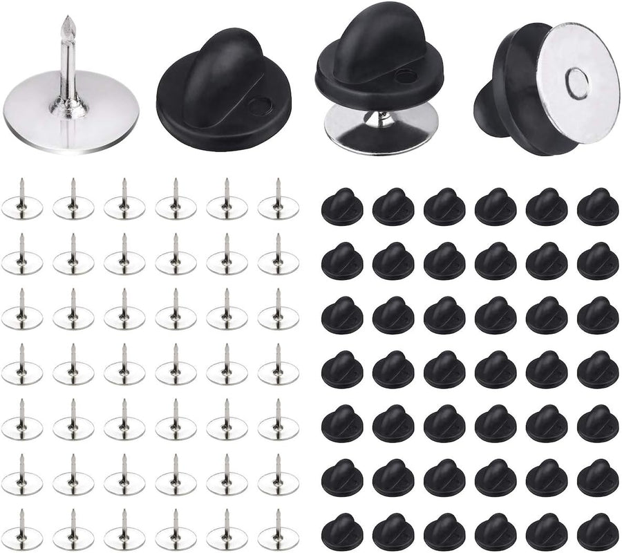 50 Pairs Pin Backings Tie Tacks Blank Pins with Rubber Backings Pinbacks for Crafts (Silver Black, 50 Sets)