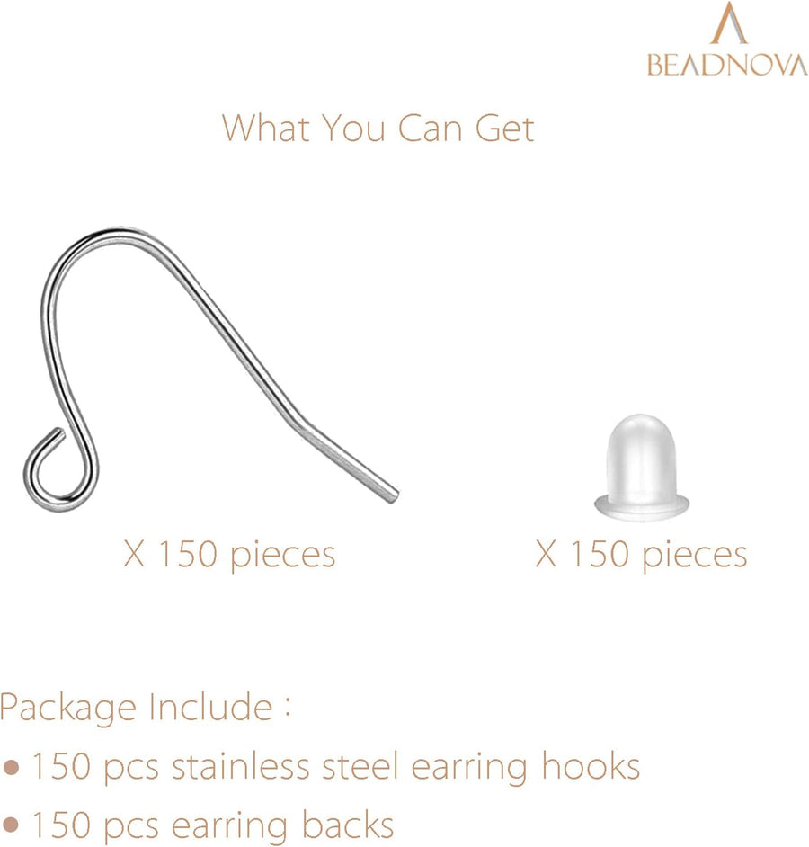 Earring Hooks 150pcs Stainless Steel Ear Wire Kits with Rubber Backs Earring Hook for Jewelry Making DIY Earwires Supplies (150pcs Ear Wires and 150 pcs Backs, Total 300pcs)