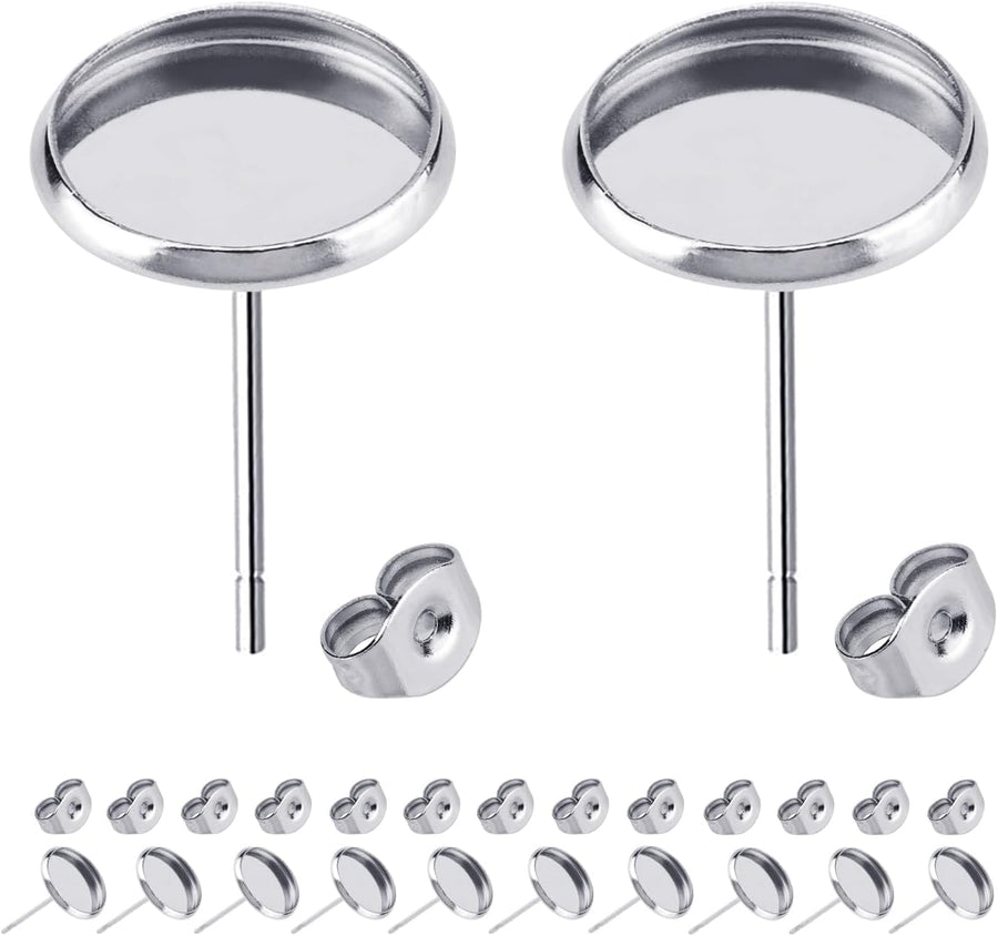 60pcs Blank Earring Studs 12mm Stainless Steel Cabochon Setting Post With Backs for Resin DIY Earstud Making