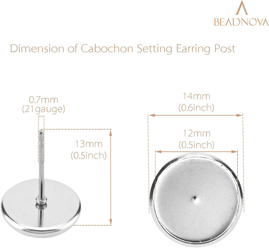 60pcs Blank Earring Studs 12mm Stainless Steel Cabochon Setting Post With Backs for Resin DIY Earstud Making
