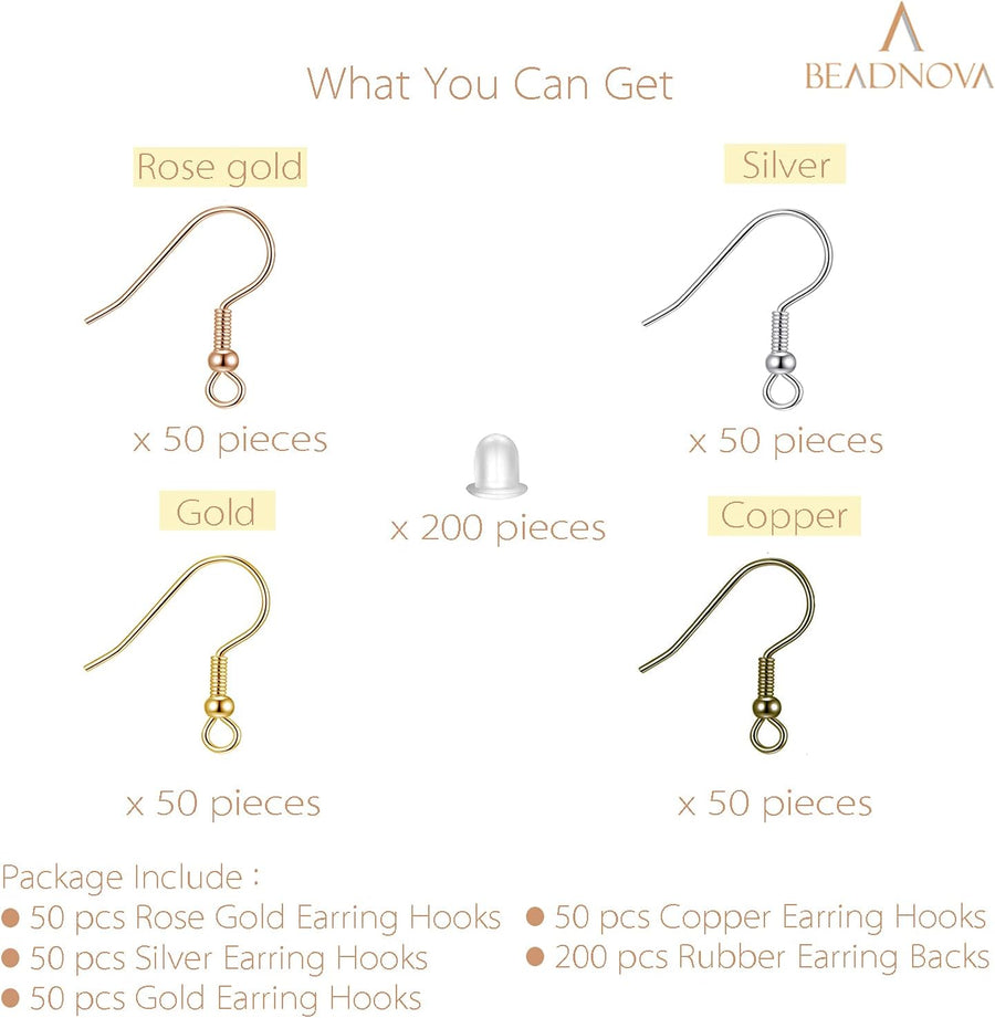 Earring Hooks 200pcs Earring Findings Kits with Backs Fish Hook Ear Wire for Jewelry Making DIY Ear Post Supplies (200pcs Earwires Mix Colors and 200 pcs Backs)