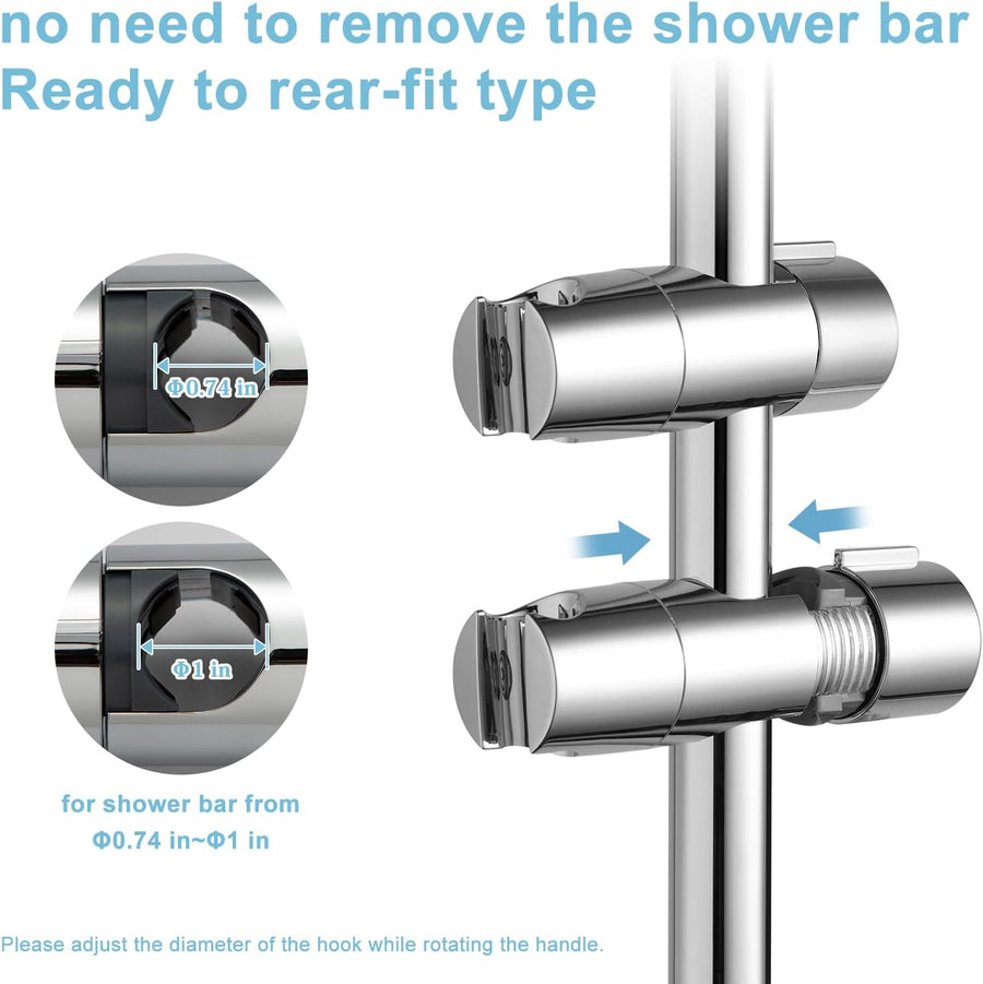 Shower Head Holder, Adjustable 0.75-1.00 in(19-25 mm) Diameter Hand Shower Holder Bracket for Slide Bar, Detachable Slider Clamp Bathroom Replacement, 360 Degree Rotation Sprayer Holder, Chrome