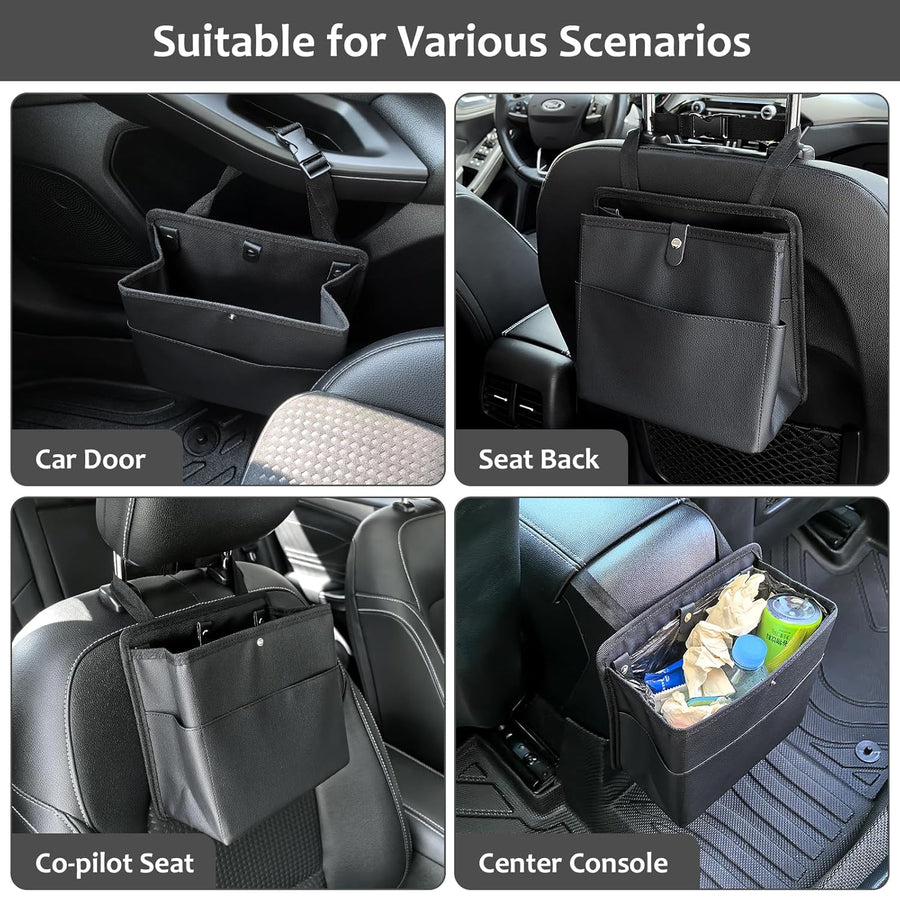 Car Trash Can with Pocket, Small Vehicle Dustbin Automotive Garbage Organizer Bin with 60 Pcs Trash Bags, Hanging Cars Storage Container for SUV Vans (Black)
