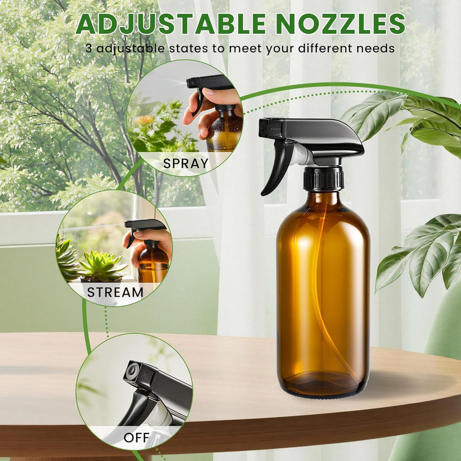 Glass Spray Bottles, Amber Glass Spray Bottles, 16oz, Adjustable Nozzle for Stream and Spray, Reusable, for Essential Oils, Cleaning Products, Detergents(1ps)