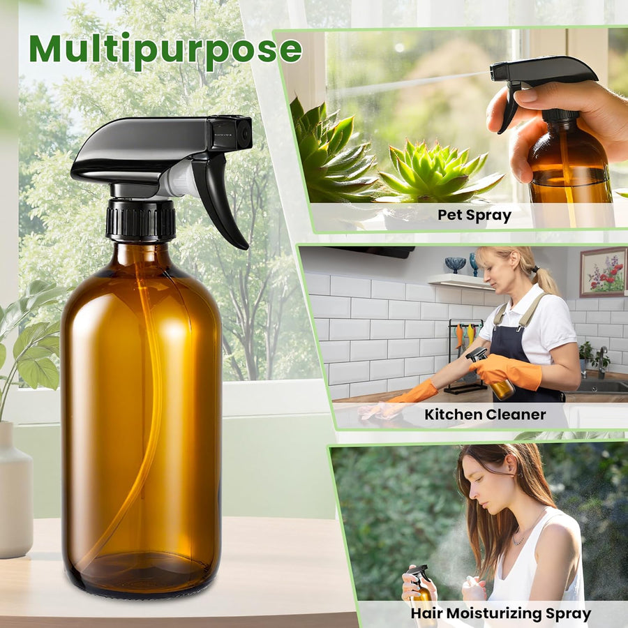 Glass Spray Bottles, Amber Glass Spray Bottles, 16oz, Adjustable Nozzle for Stream and Spray, Reusable, for Essential Oils, Cleaning Products, Detergents(1ps)