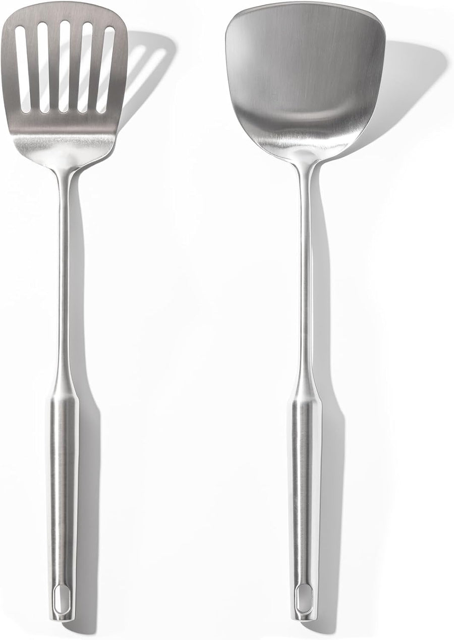 18/10 Stainless Steel Spatula Set - 15" Metal Spatulas for Kitchen Use, 1 Slotted Spatula + 1 Solid Turner, Heat Resistant Metal Cooking Utensils, Dishwasher Safe, Silver