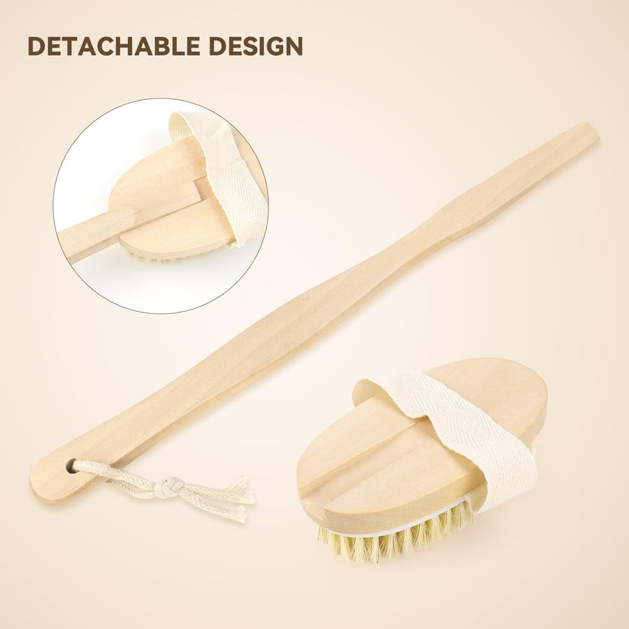 2 Pack Detachable Bath Bristle Brush, Wood Long Handle Dry Brushing Body Brush for Shower