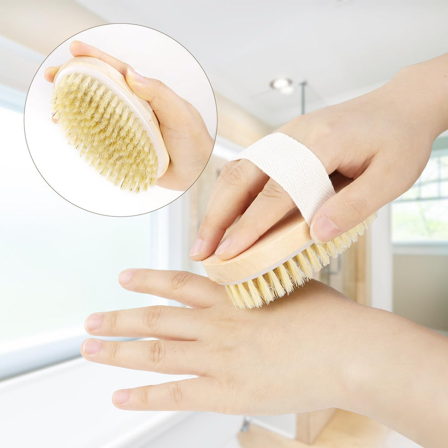 2 Pack Detachable Bath Bristle Brush, Wood Long Handle Dry Brushing Body Brush for Shower