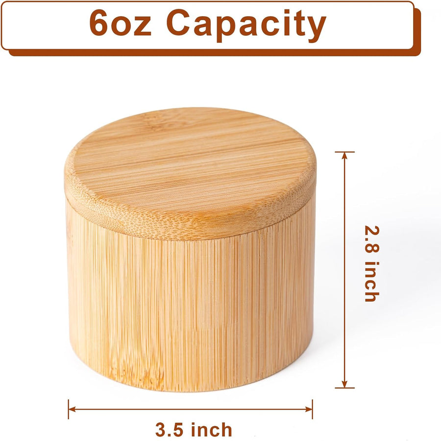 Bamboo Salt Cellar, Magnetic Swivel Lid Salt Box, Round Container for Storing Pepper Sugar Herbs, 6 Ounce Capacity