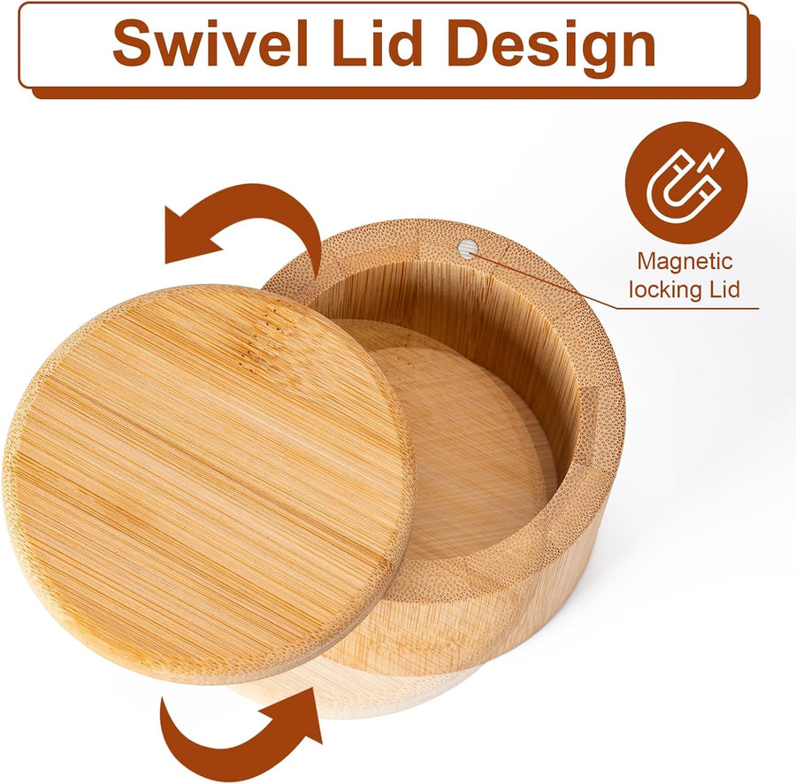 Bamboo Salt Cellar, Magnetic Swivel Lid Salt Box, Round Container for Storing Pepper Sugar Herbs, 6 Ounce Capacity