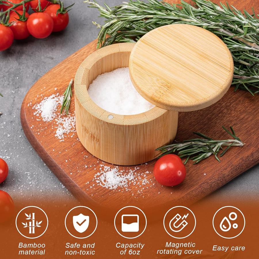Bamboo Salt Cellar, Magnetic Swivel Lid Salt Box, Round Container for Storing Pepper Sugar Herbs, 6 Ounce Capacity