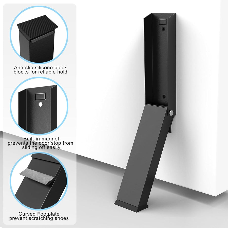 Black Folding Metal Door Stop Foot Operated No Drilling Installation