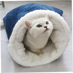 Cat Sleeping Bag Nest - Half-Closed Design - Plush & Fleece - Warm - Navy Blue - 1 Piece