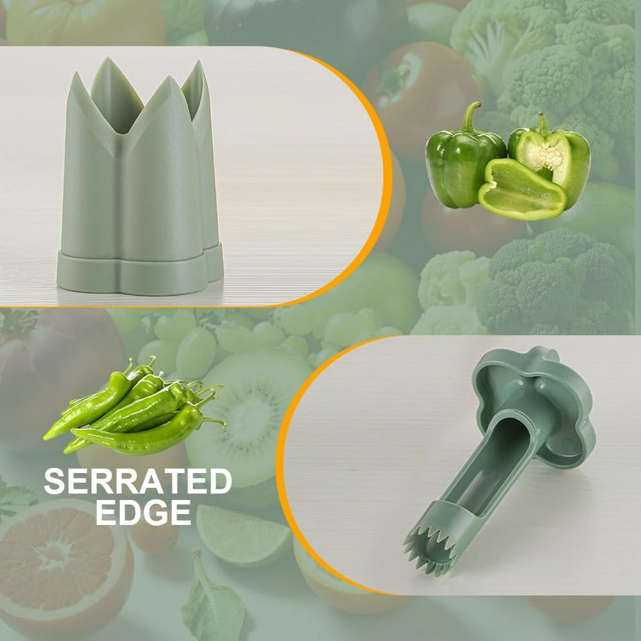 2-in-1 Green Capsicum Slicer and Seed Remover Tool - Fast Vegetable Seed Extractor Kitchen Gadget for Paprika
