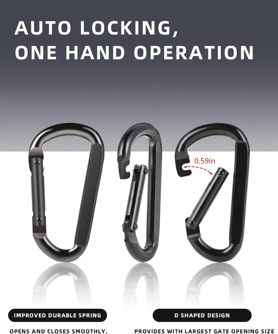 2 Pack Aluminum Black D-Shaped Carabiner 8cm - Camping Outdoor Keychain Clip for Backpack Keys