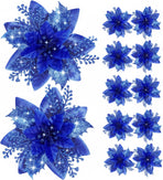 12 Piece Royal Blue Christmas Decorations Set with Glitter Artificial Flowers Clips for Tree Wreaths Home Festive Ornaments