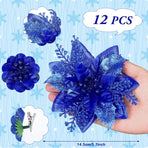 12 Piece Royal Blue Christmas Decorations Set with Glitter Artificial Flowers Clips for Tree Wreaths Home Festive Ornaments