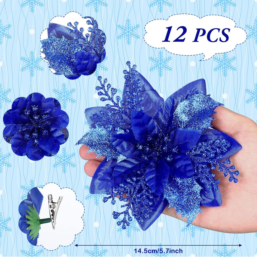 12 Piece Royal Blue Christmas Decorations Set with Glitter Artificial Flowers Clips for Tree Wreaths Home Festive Ornaments