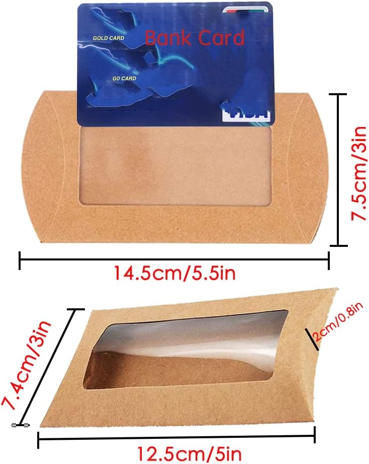 40 Pack Brown Kraft Paper Pillow Boxes with Clear Window for Cookies Candy Chocolate Jewelry Weddings Party Favors Gift Packaging