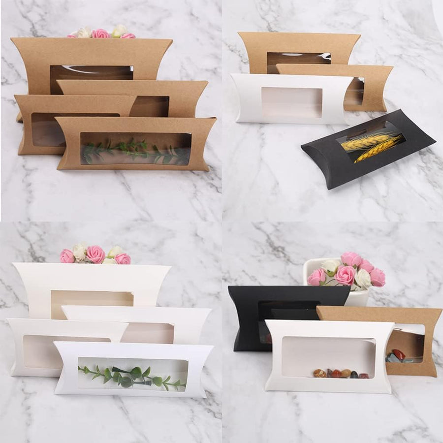 40 Pack Brown Kraft Paper Pillow Boxes with Clear Window for Cookies Candy Chocolate Jewelry Weddings Party Favors Gift Packaging