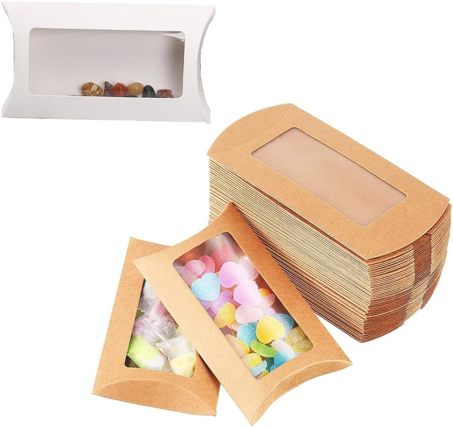 40 Pack Brown Kraft Paper Pillow Boxes with Clear Window for Cookies Candy Chocolate Jewelry Weddings Party Favors Gift Packaging
