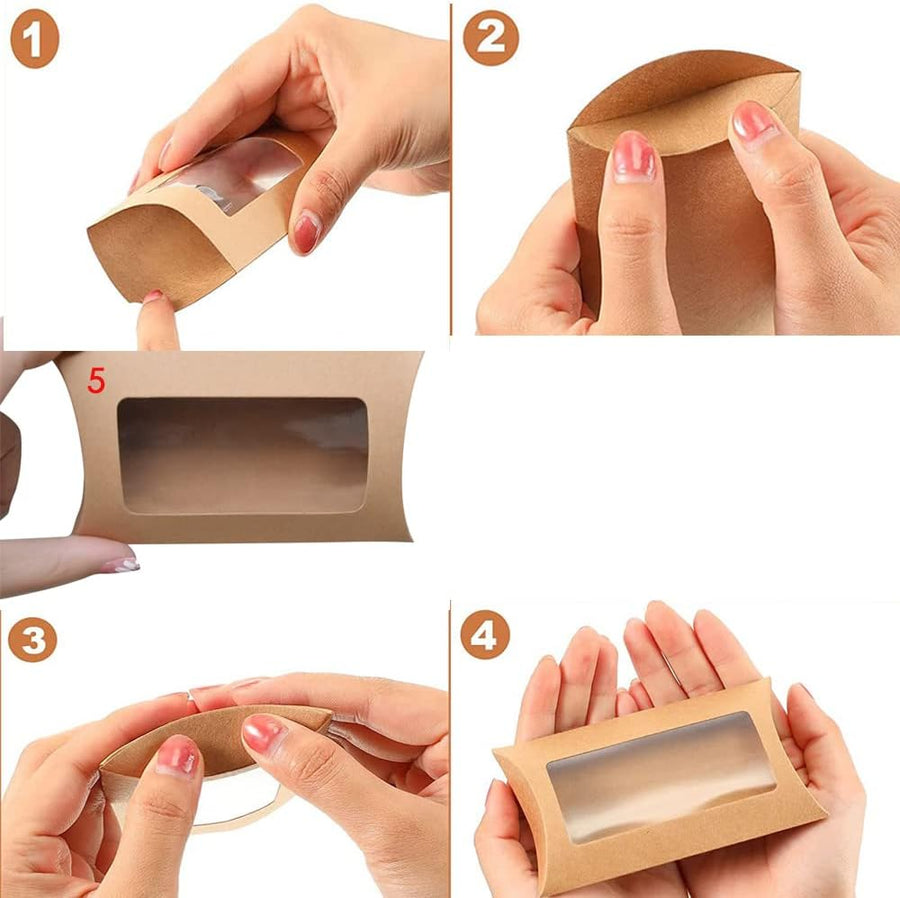 40 Pack Brown Kraft Paper Pillow Boxes with Clear Window for Cookies Candy Chocolate Jewelry Weddings Party Favors Gift Packaging