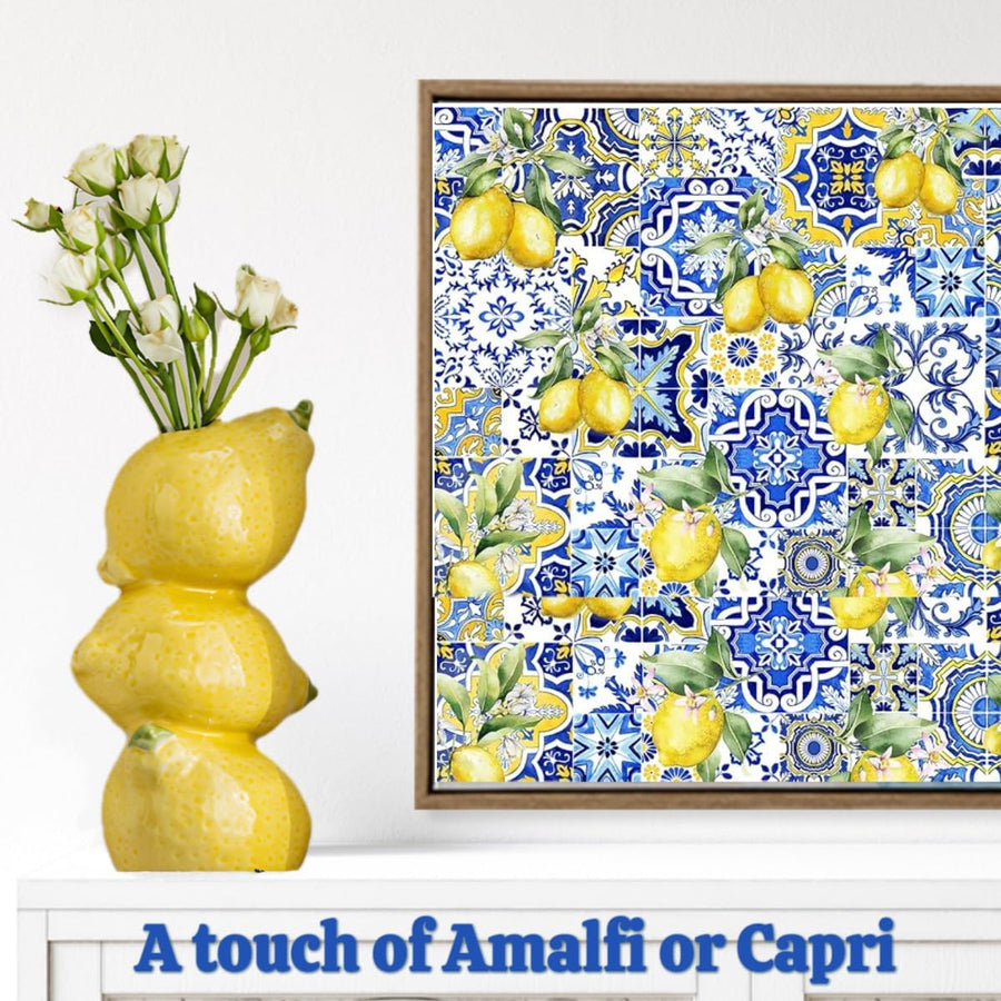 Yellow Ceramic Vase with Lemon Design Mediterranean Style for Home and Kitchen Decor