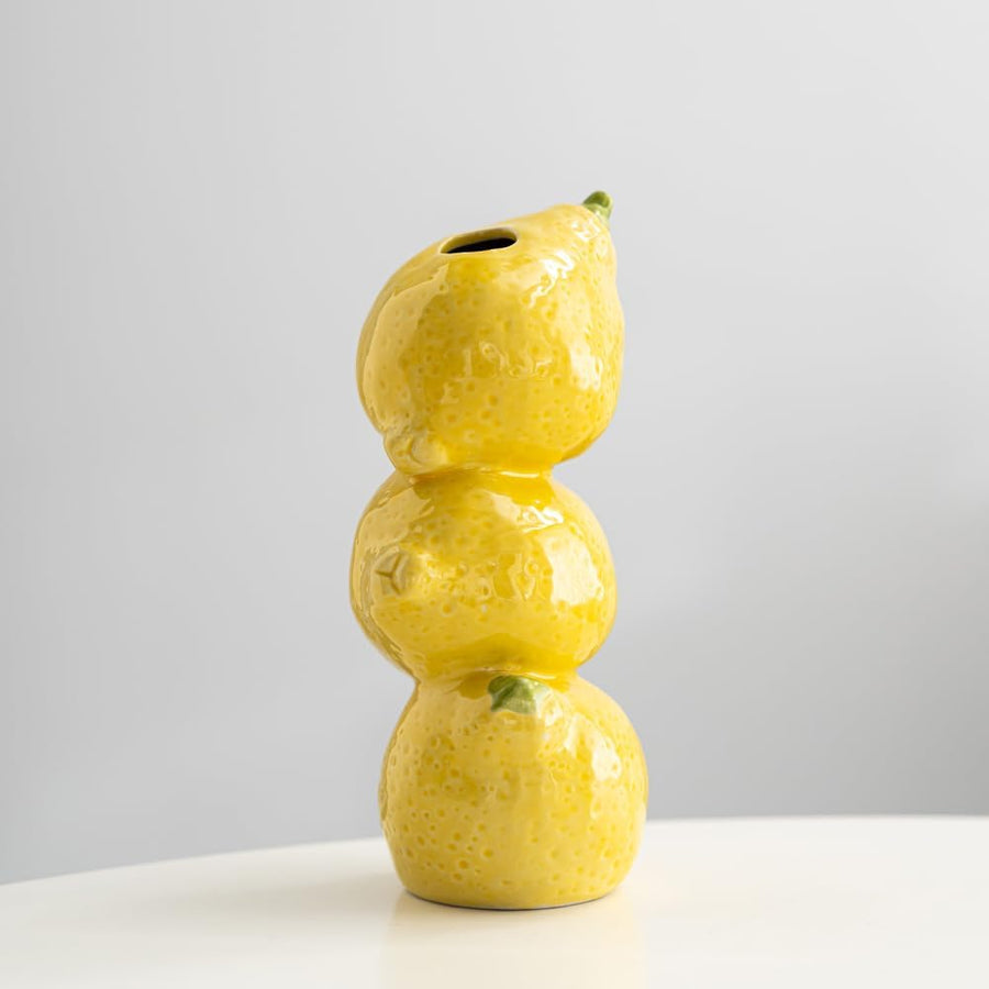 Yellow Ceramic Vase with Lemon Design Mediterranean Style for Home and Kitchen Decor