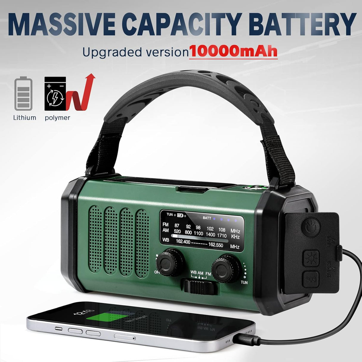 Solar Powered Emergency Radio with AM/FM, Rechargeable Battery, Flashlight, Reading Light and Phone Charger for Indoor Outdoor Use