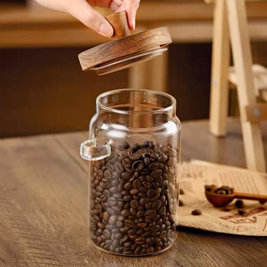 600ml Coffee Storage Container with Wooden Lid and Spoon Airtight Moisture-Proof Food Keeper for Coffee Beans Tea Sugar