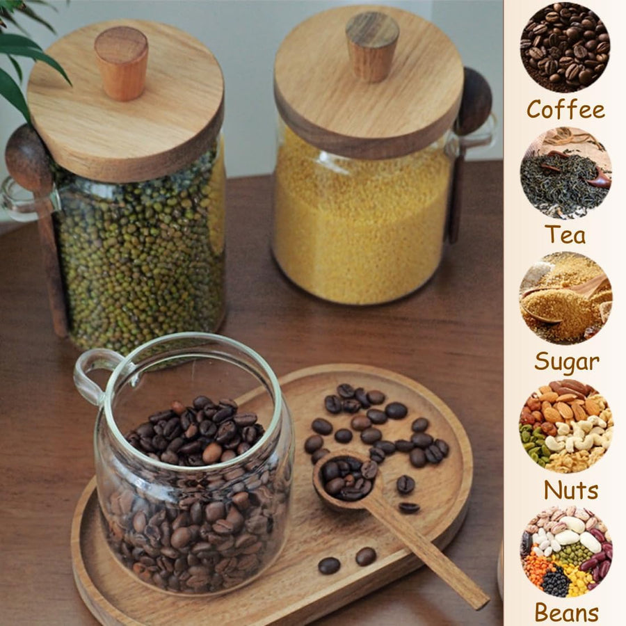 600ml Coffee Storage Container with Wooden Lid and Spoon Airtight Moisture-Proof Food Keeper for Coffee Beans Tea Sugar