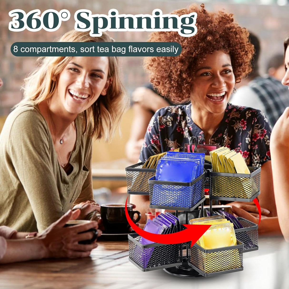 Rotating Tea Bag Organizer for 96 Sachets - Black Metal Revolving Tea Storage Holder - Luxury Kitchen & Office Gift