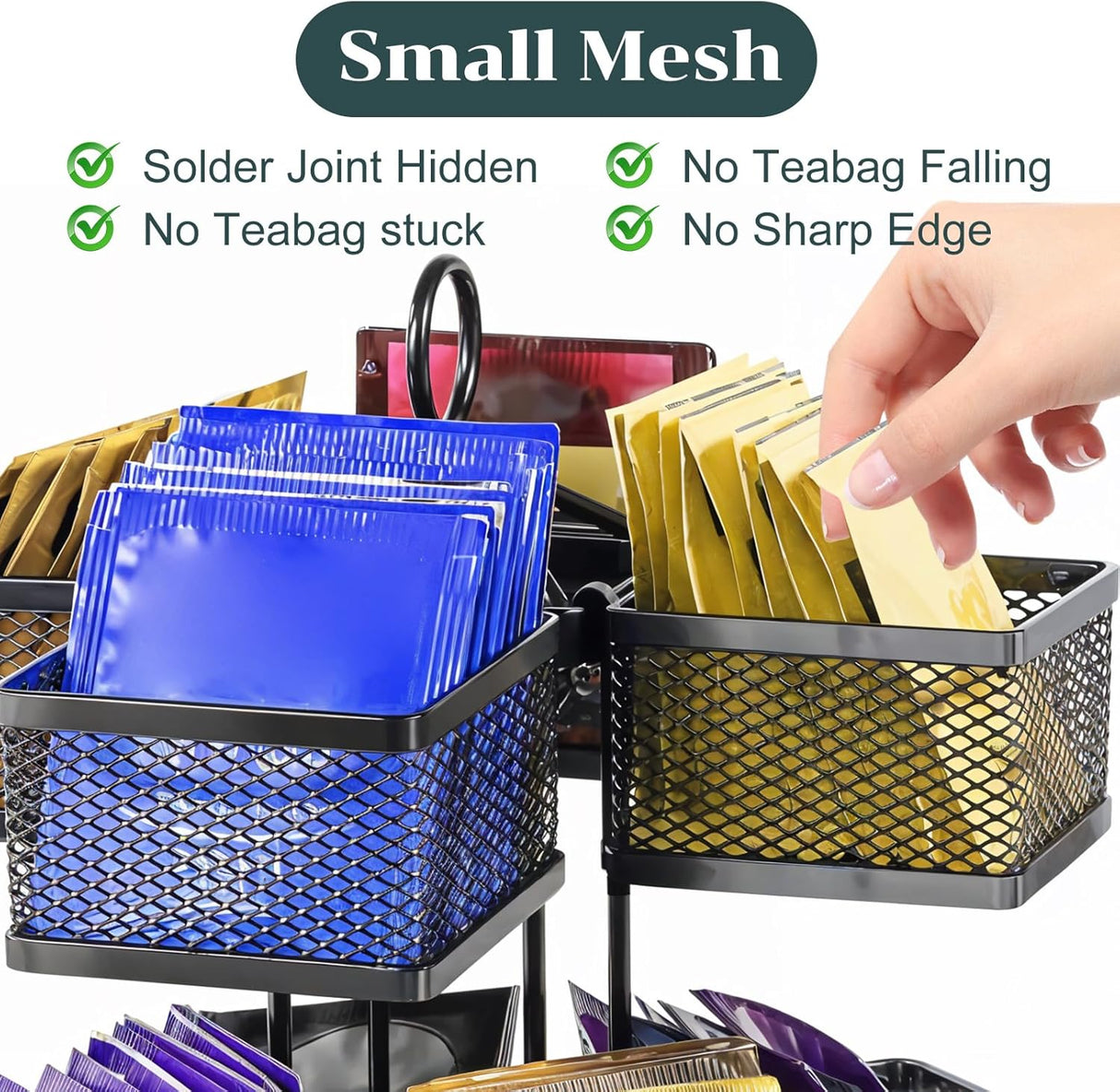 Rotating Tea Bag Organizer for 96 Sachets - Black Metal Revolving Tea Storage Holder - Luxury Kitchen & Office Gift