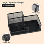 Black 3 Compartment Metal Mesh Pen Holder Desk Organizer for Office and Home Work - 1 Piece
