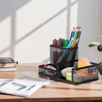 Black 3 Compartment Metal Mesh Pen Holder Desk Organizer for Office and Home Work - 1 Piece