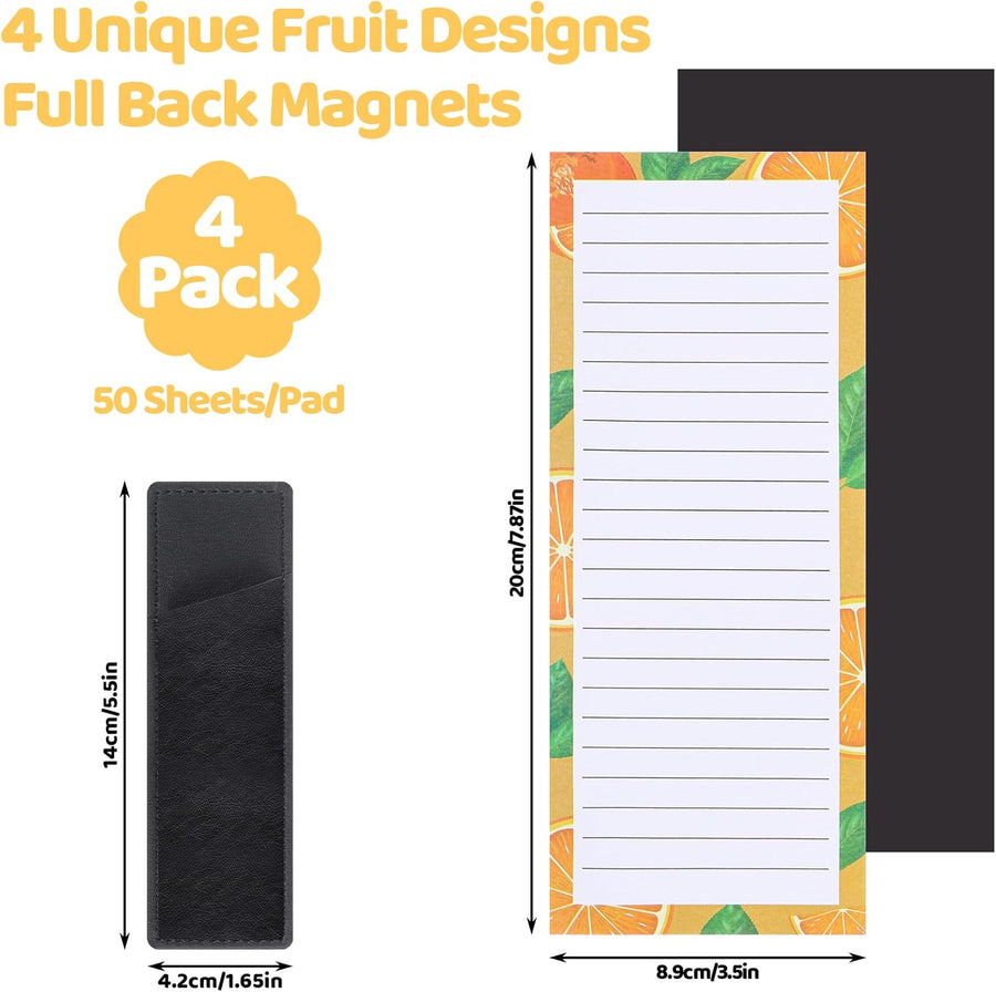 Magnetic Fruit Design Notepads 4 Pack 200 Sheets with Pen Holder for Refrigerator Grocery List