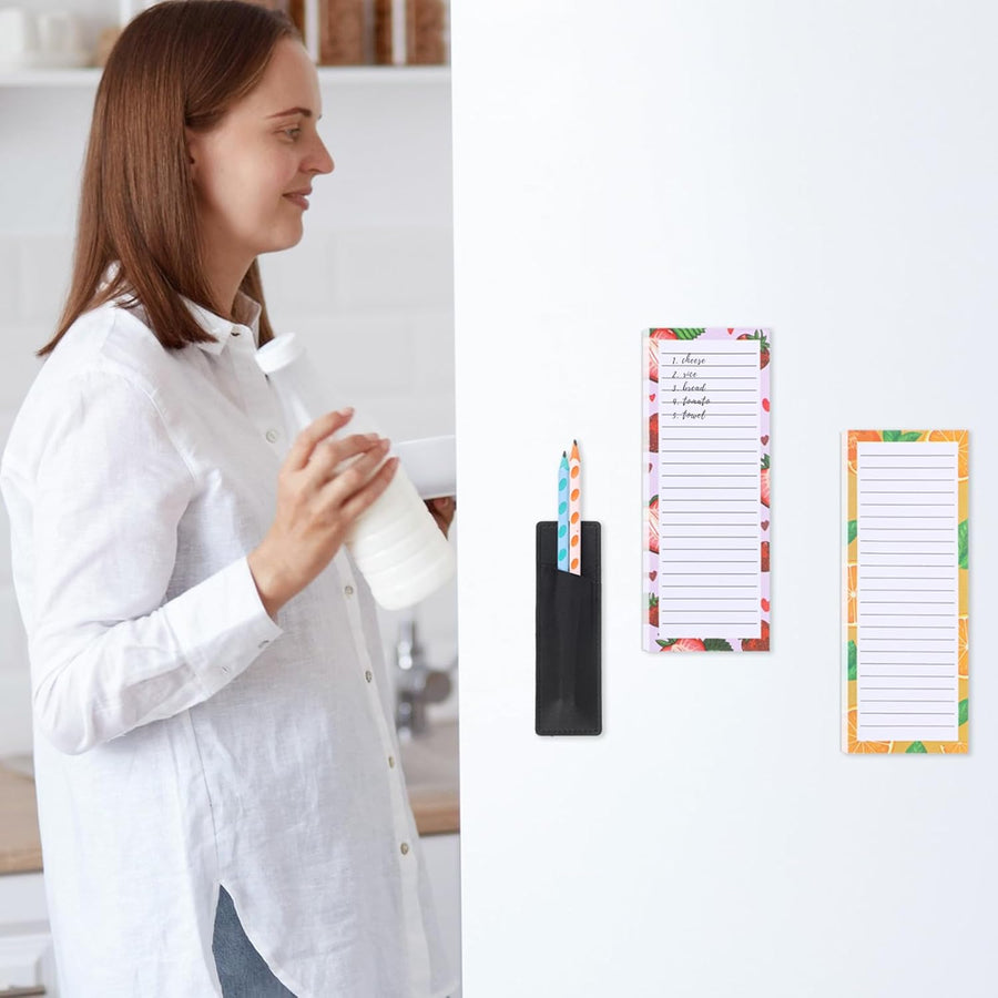 Magnetic Fruit Design Notepads 4 Pack 200 Sheets with Pen Holder for Refrigerator Grocery List