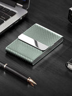Men's Leather & Stainless Steel Magnetic Business Card Holder - Premium PU Leather & Metal Card Case - Forest Green