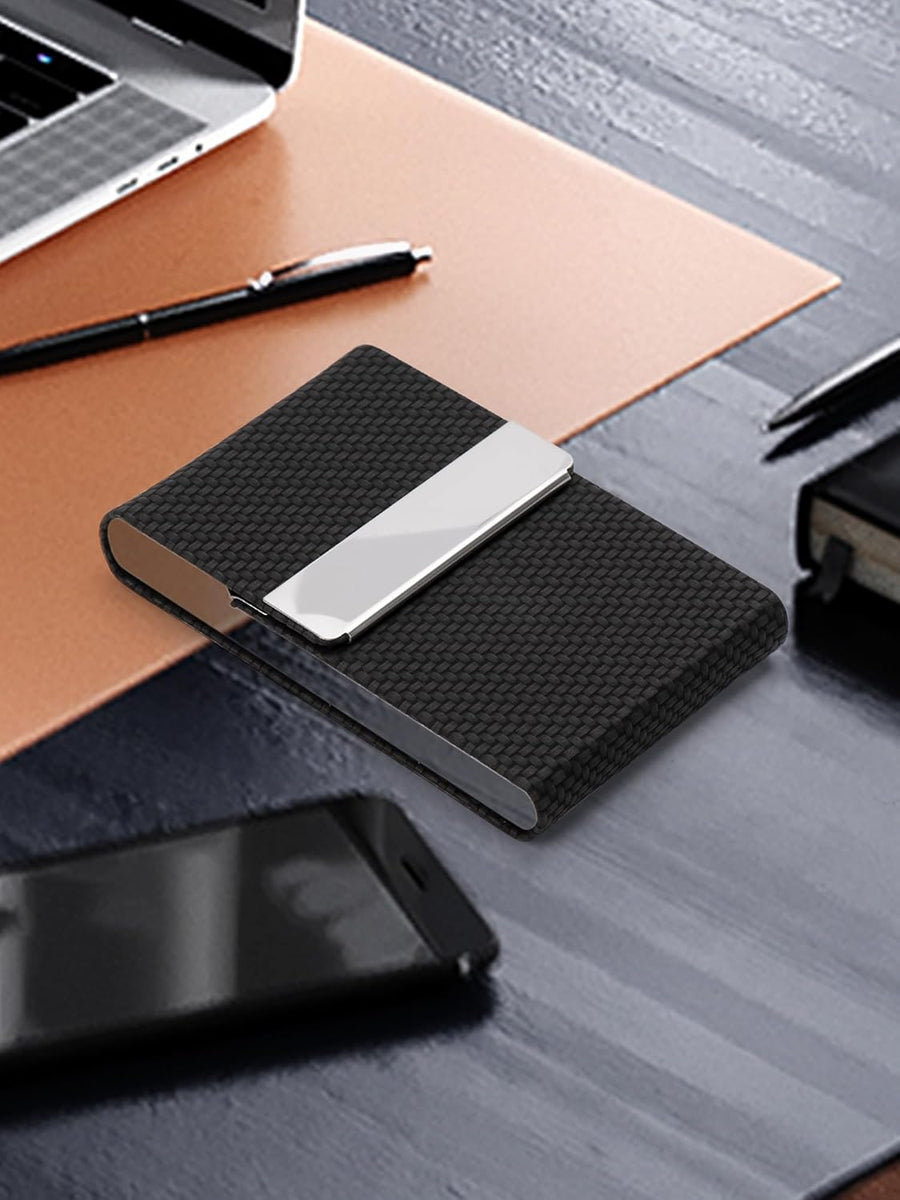 Men's PU Leather and Stainless Steel Magnetic Closure Credit Card Holder Luxury Business Card Case Black