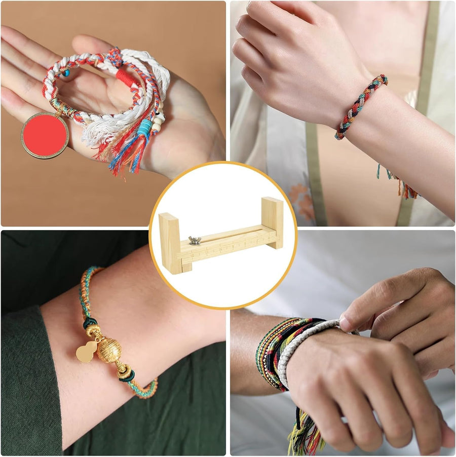 Adjustable Wooden Bracelet Weaving Frame with Double Scale 2 Clamps for DIY Bracelet Belt Keychain Making
