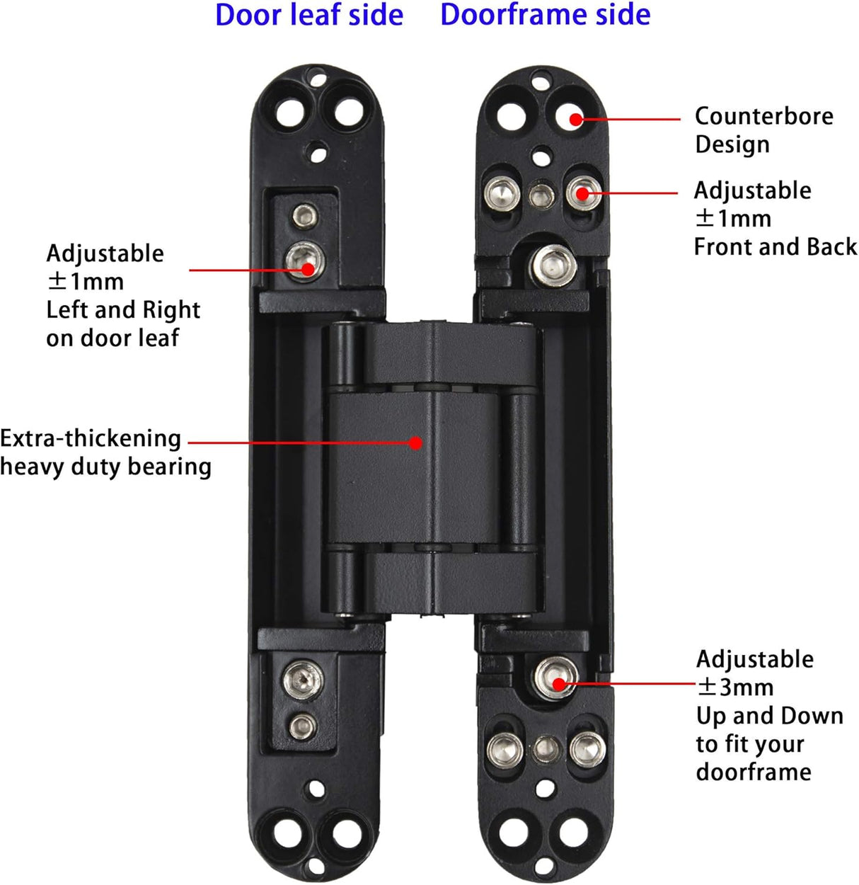 7 Inch Invisible Hinges - Black Pack of 2 (2 Count) - Modern Style - Metallic Finish - Zinc & Aluminum Alloy - 180 Degree Swing - 3D Adjustable Butt Hinge