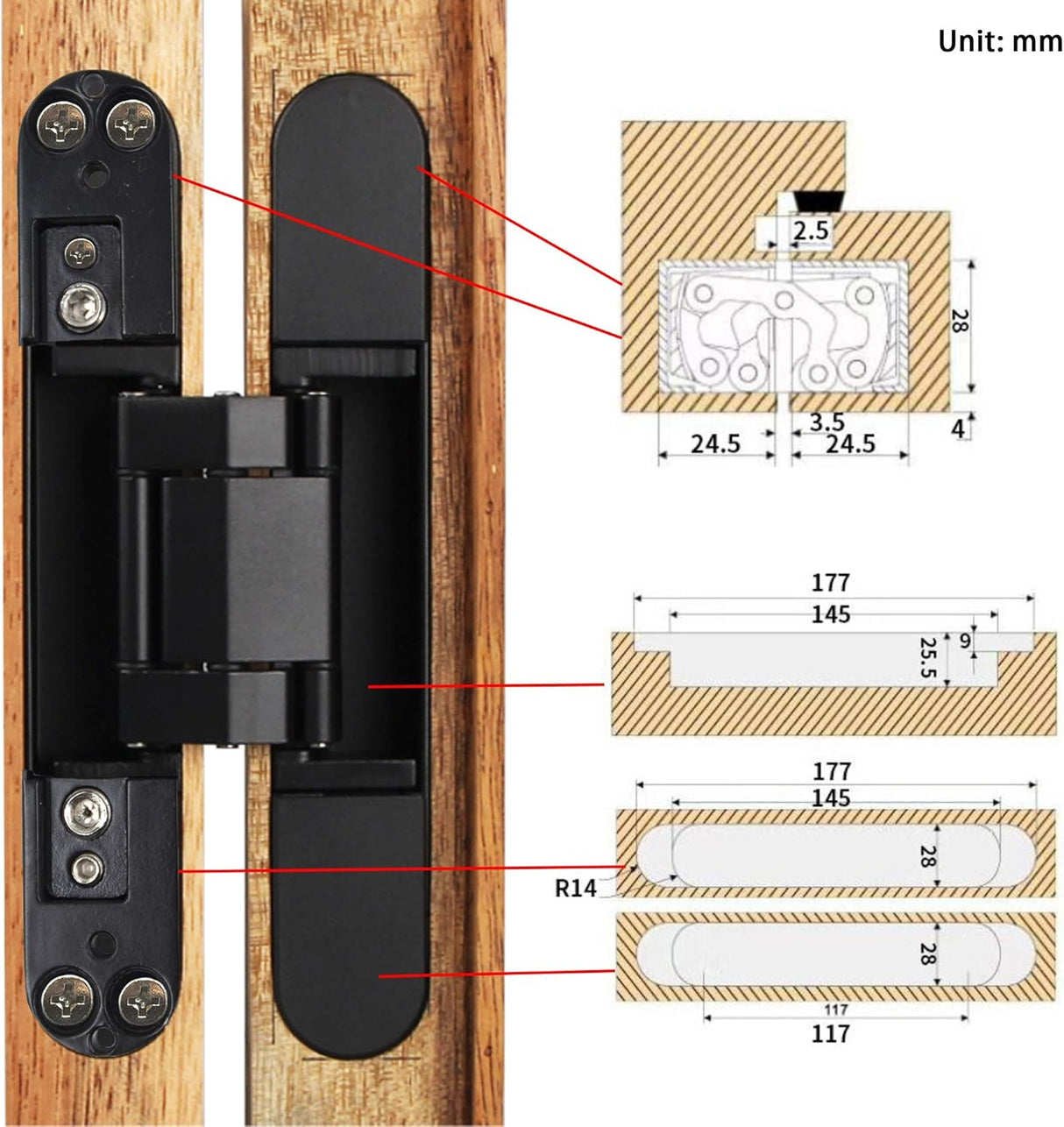 7 Inch Invisible Hinges - Black Pack of 2 (2 Count) - Modern Style - Metallic Finish - Zinc & Aluminum Alloy - 180 Degree Swing - 3D Adjustable Butt Hinge