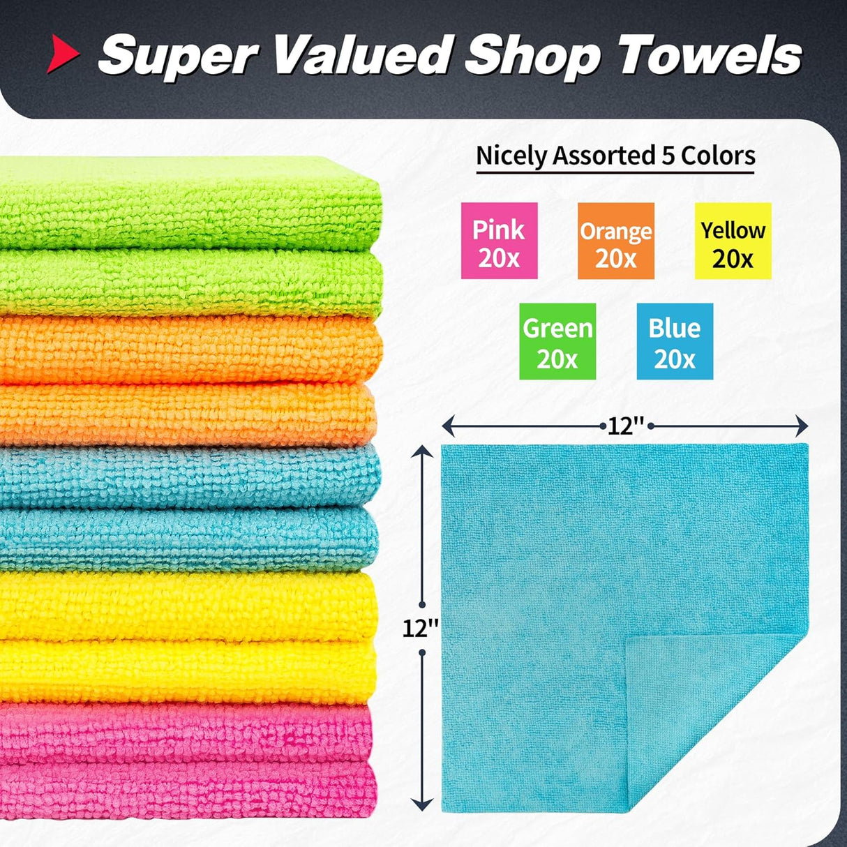 Microfiber Cleaning Cloth - Pack of 50, Multi-Functional Towels, Size: 12 x 16 in& Microfiber Cleaning Cloth Bulk, 100 Pack Shop Towels