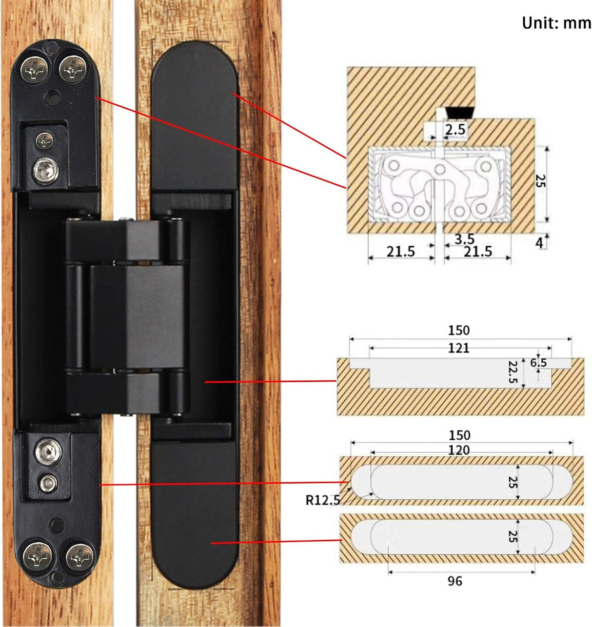 6 inch Hidden Door Hinges Invisible Hinges Concealed Hinges Zinc Alloy 180 Degree Swing Hinge 3 Way Adjustable Butt Hinge 6 x 2.5 x 1 inch (Black Pack of 3)