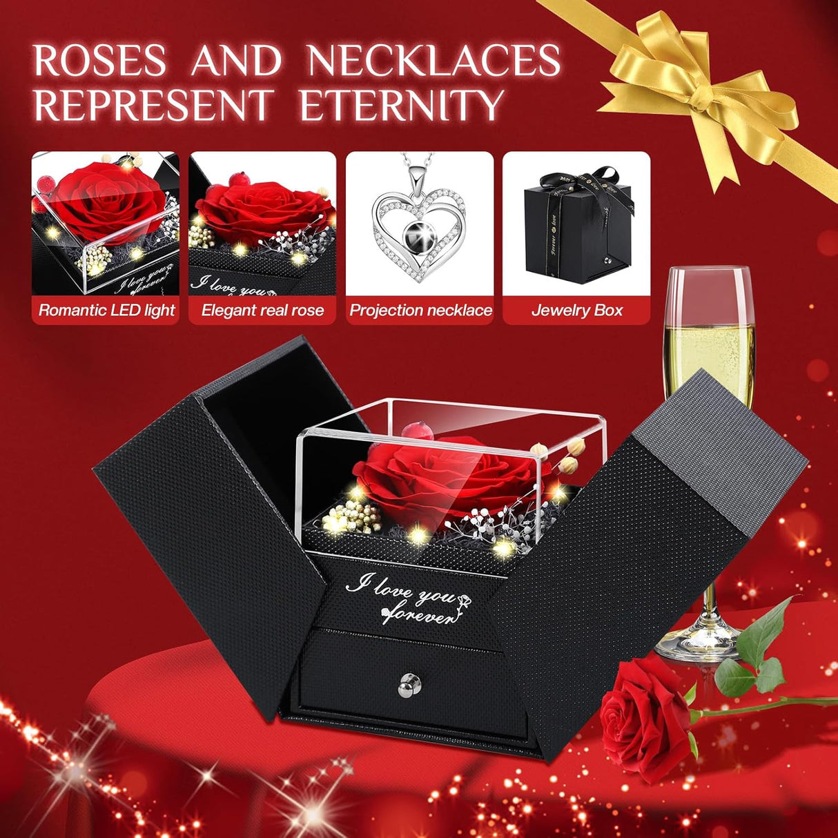 Preserved Red Real Rose Flowers in Box with I Love You in 100 Languages Necklace - Unique Gift for Women Mom Wife Girlfriend  Mother's Day Valentine's Day, Birthday, Christmas
