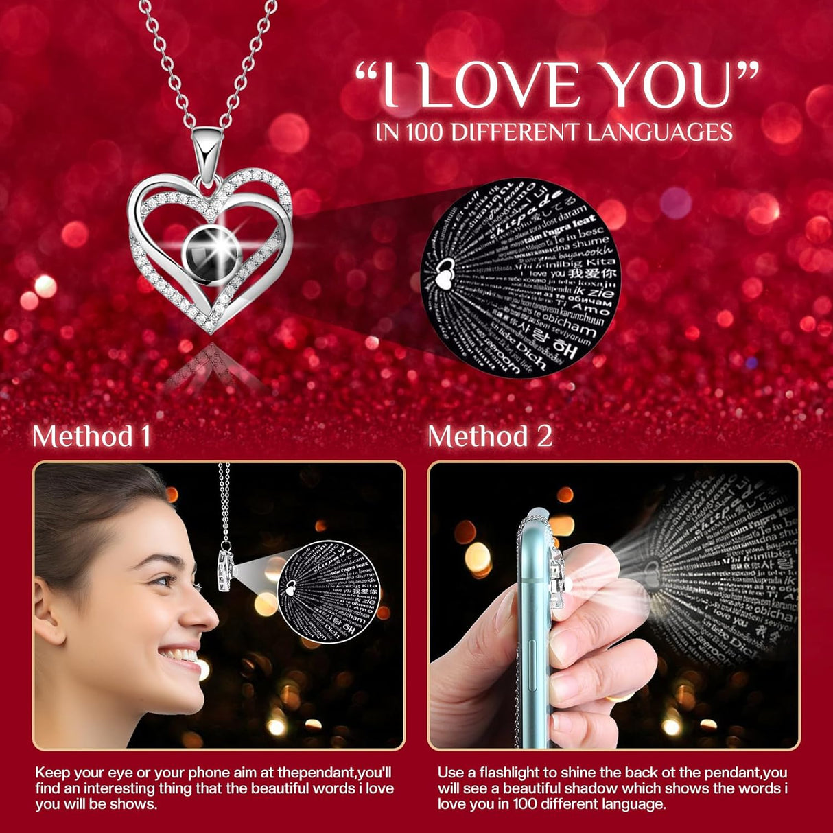 Preserved Red Real Rose Flowers in Box with I Love You in 100 Languages Necklace - Unique Gift for Women Mom Wife Girlfriend  Mother's Day Valentine's Day, Birthday, Christmas