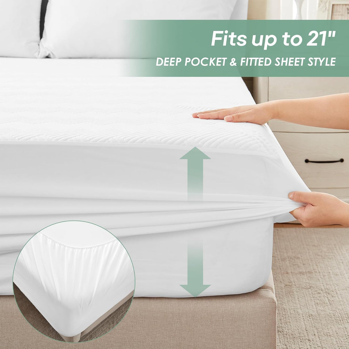 Queen Size 100% Waterproof Mattress Protector, Mattress Pad Cover Fitted 8"-21" Deep Pocket, 3D Air Fabric Soft Breathable Cooling Bed Mattress Cover Noiseless Washable, White-Fence